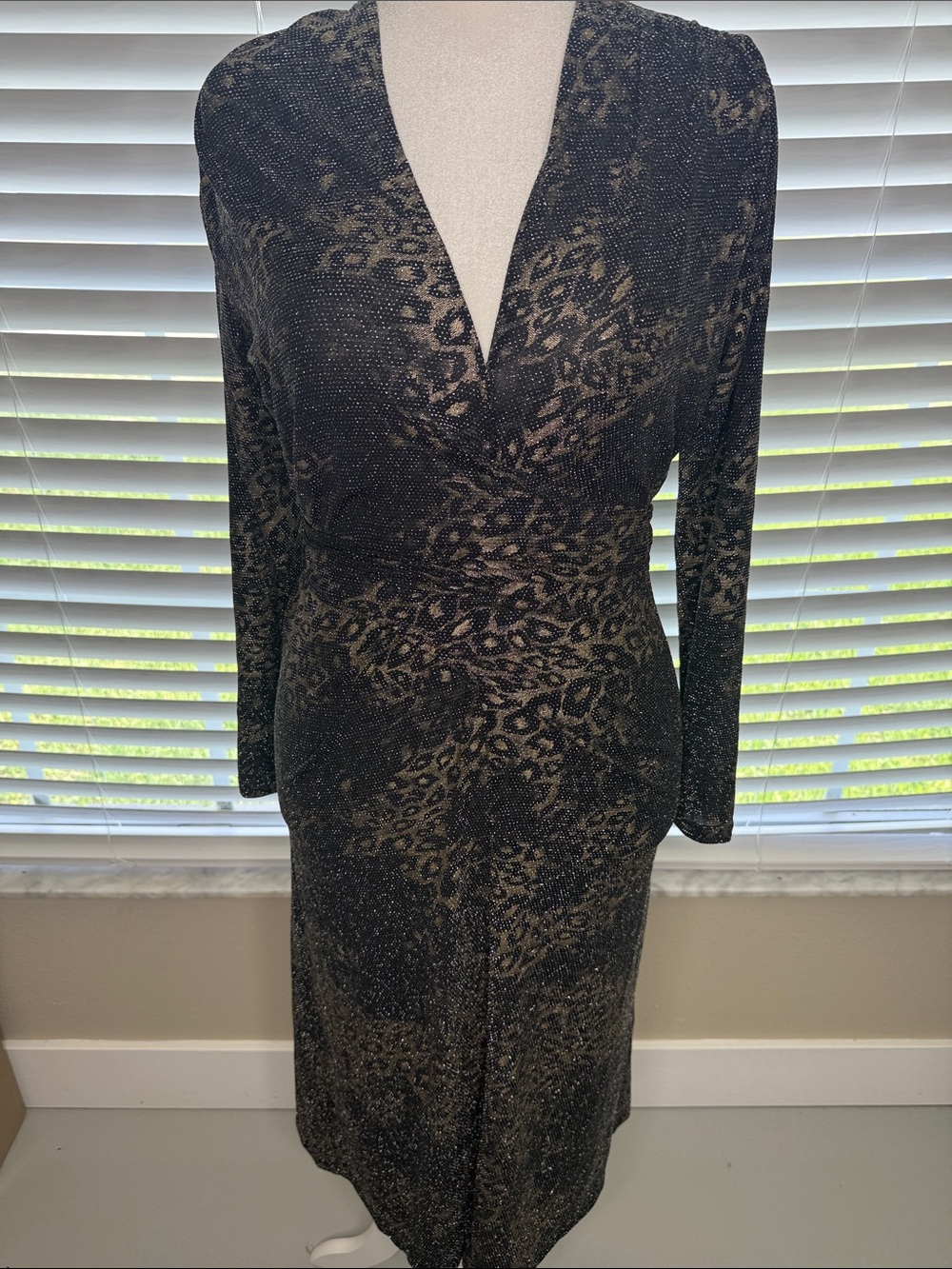 Black and Gold Leopard-Print Long Sleeve Wrap Dress